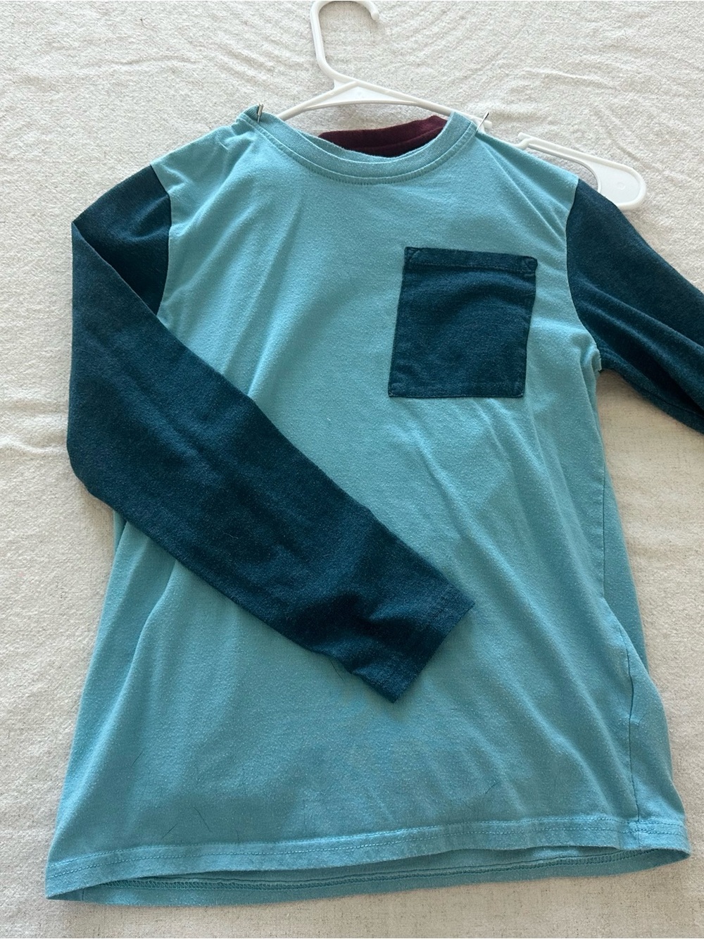 Kids Long-Sleeve Pocket Tee in Teal and Dark Teal - Unbranded